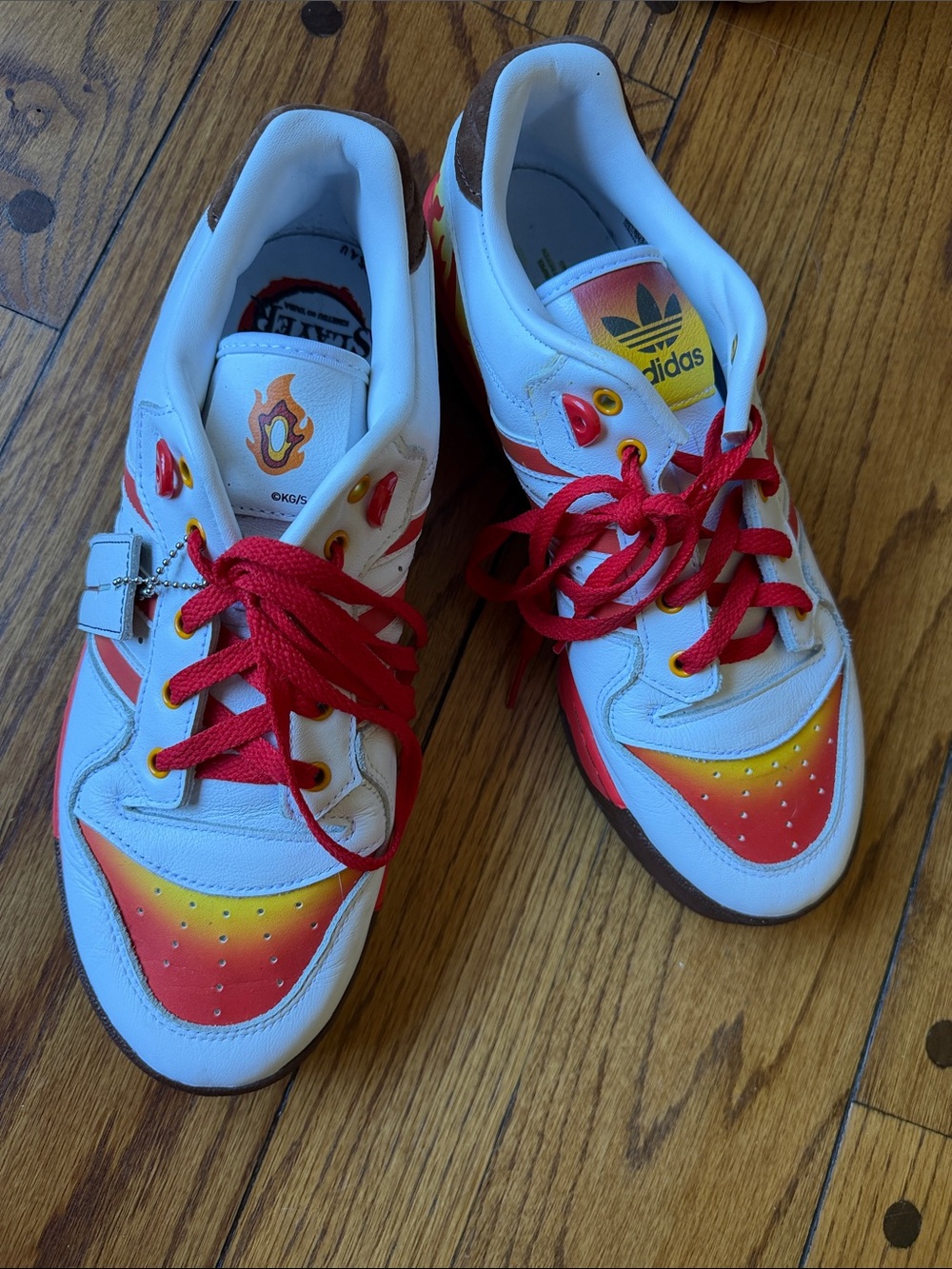 adidas White Sneakers with Red Laces and Orange-Yellow Gradient Demon Slayer